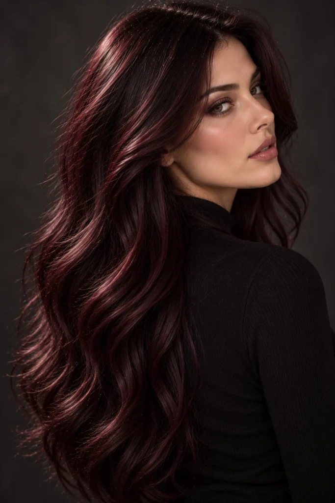 Black cherry hair with a near-black brunette base and deep plum-burgundy reflections.