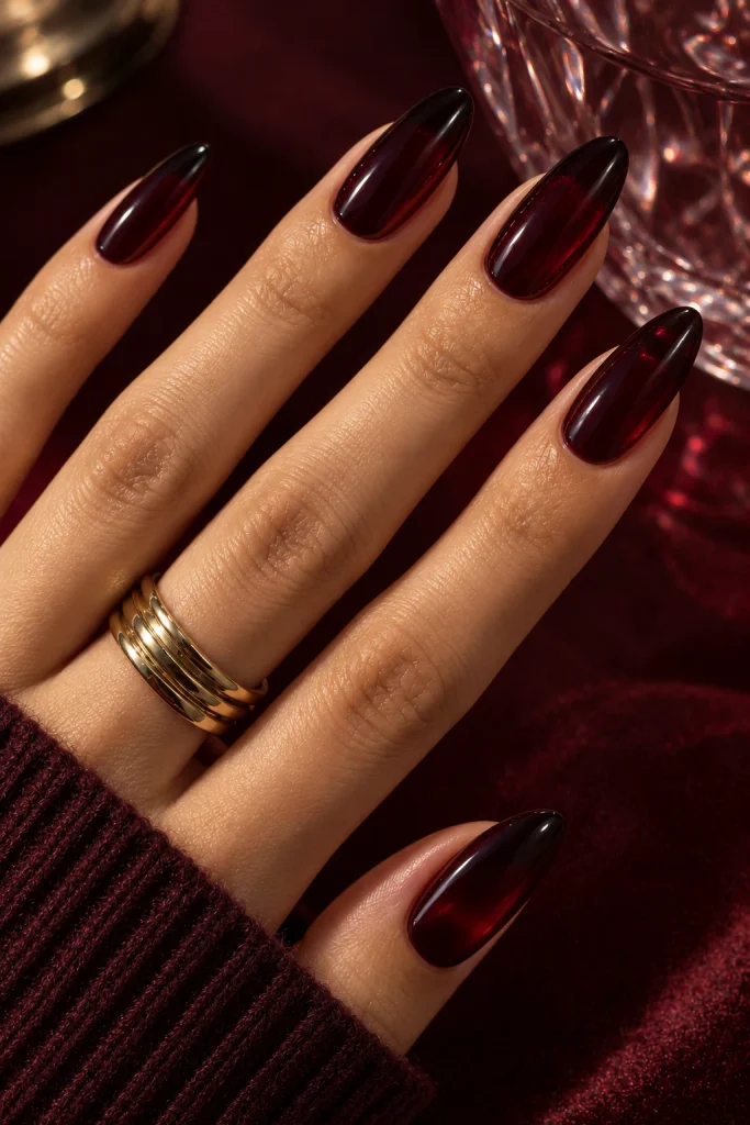 Translucent black cherry jelly nails with deep red-black color and a glassy shine.