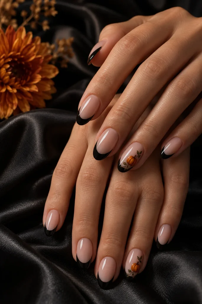 Black French Tips With Tiny Pumpkins