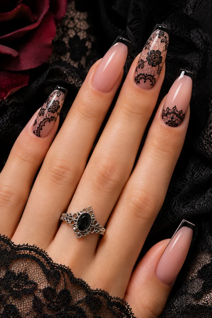 Black Lace Coffin Nails