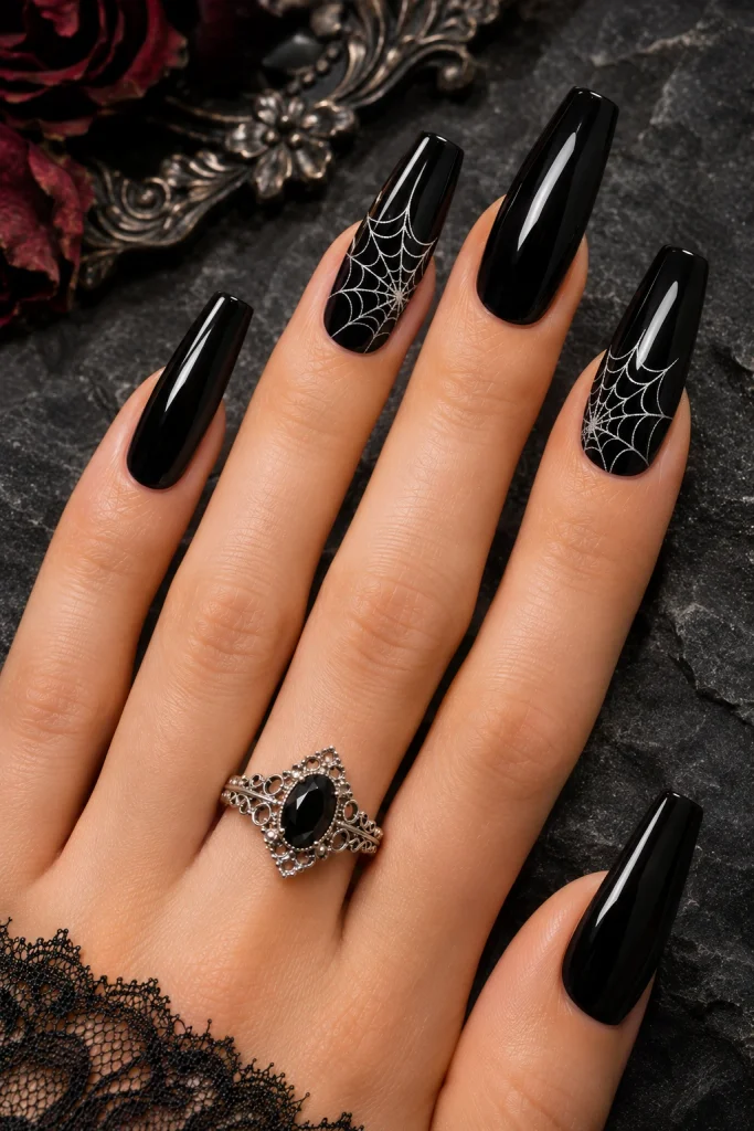 Black Spiderweb Coffin Nails