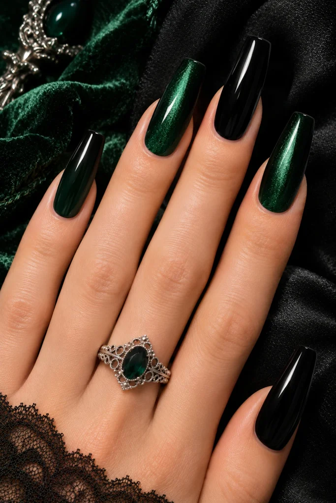 Black and Deep Green Gothic Nails