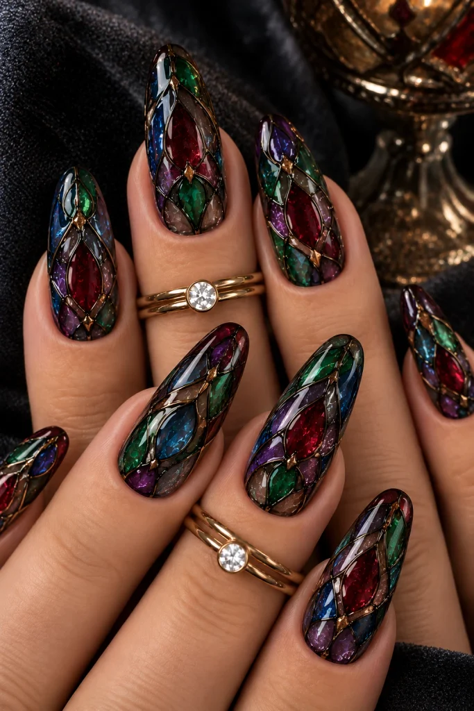 Gothic stained glass nails with black outlines and translucent burgundy, emerald, sapphire, and violet panels.