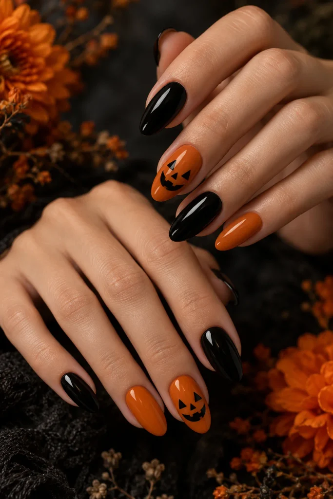 Black and Orange Pumpkin Nails