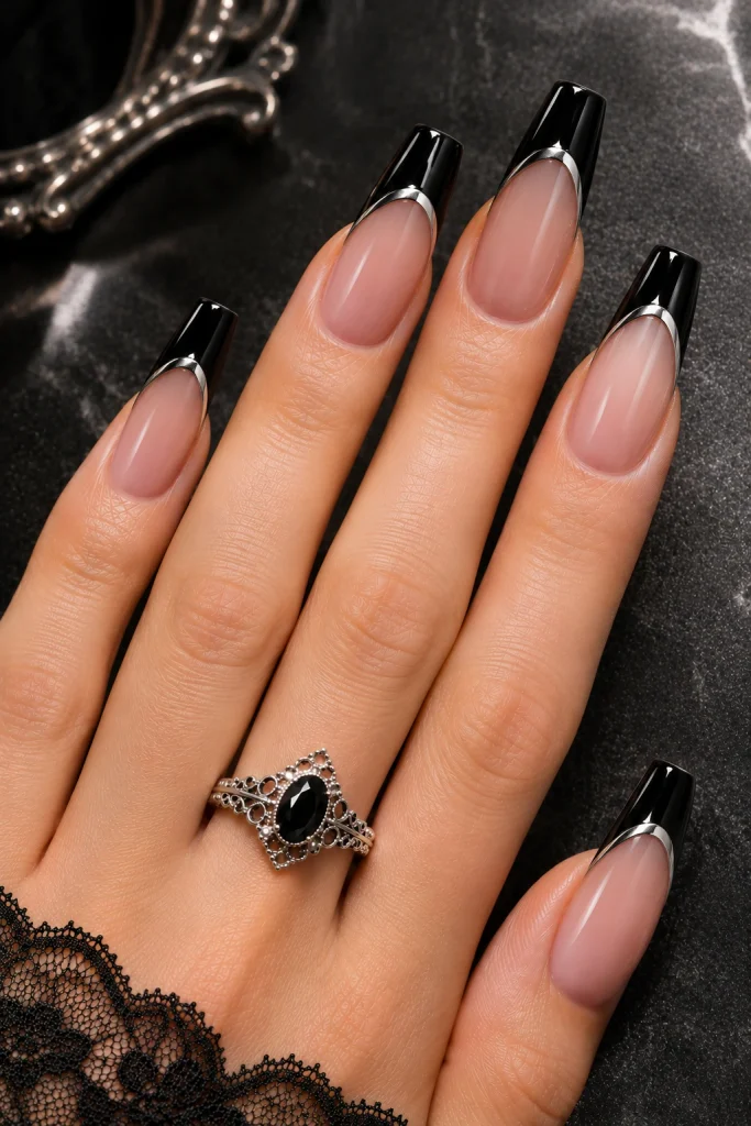 Black and Silver Gothic Chrome French Tips