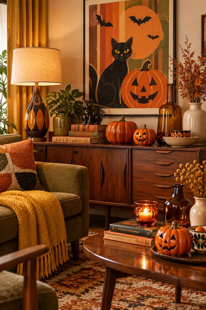 1970s-inspired Halloween decor in burnt orange, mustard, olive, and brown