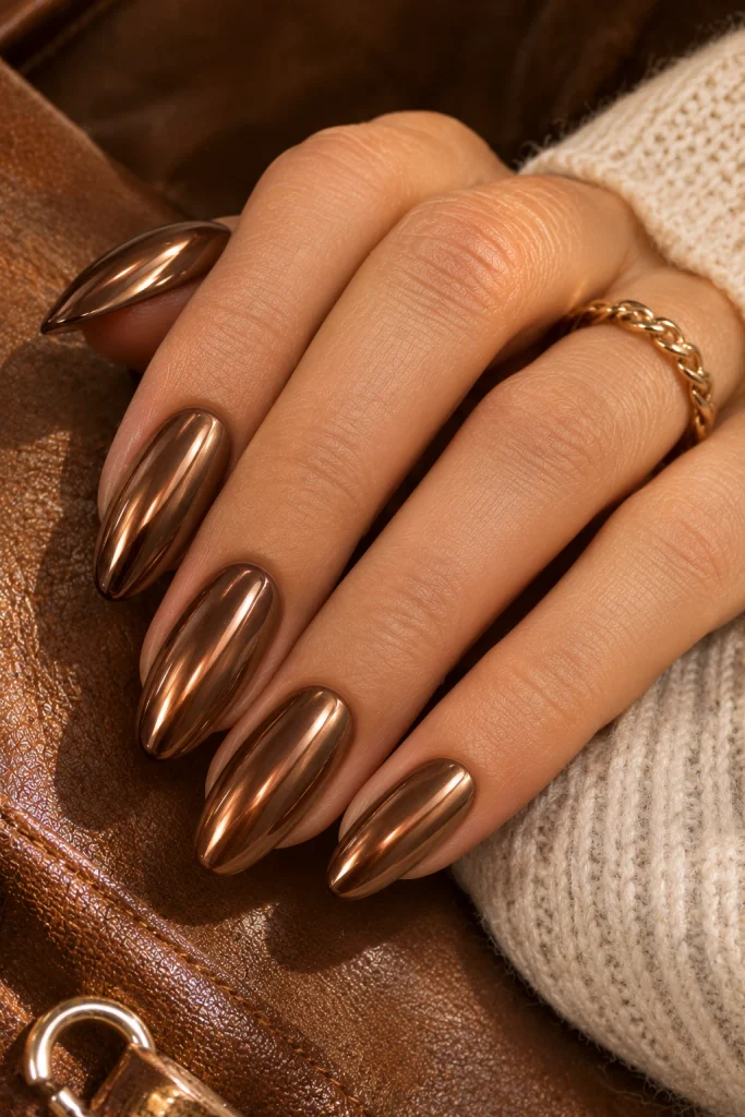 Bronze coffee chrome manicure with warm copper reflections on almond-shaped nails.