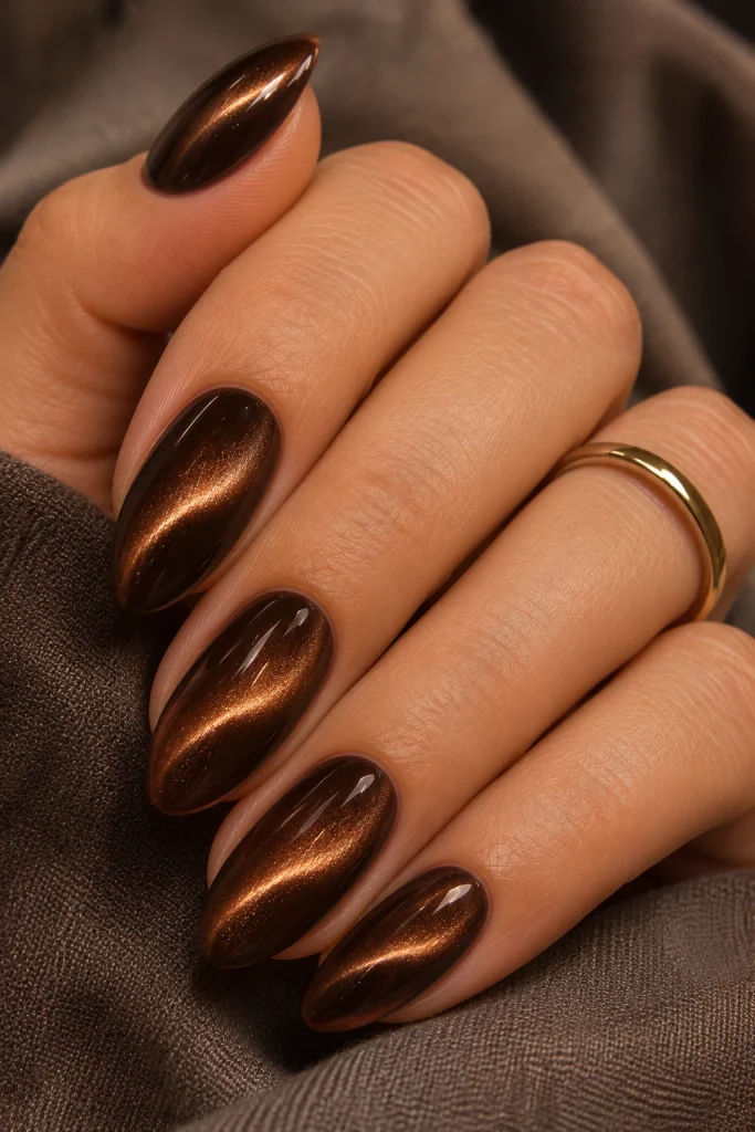 Chocolate brown cat-eye gel nails with a dimensional bronze magnetic glow.