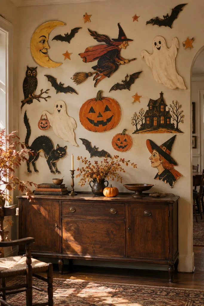 Vintage Halloween paper decorations arranged on a nostalgic wall