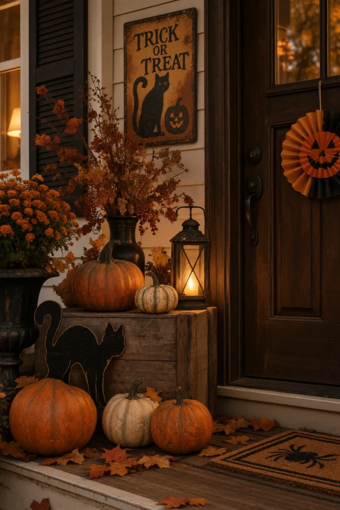 Vintage-inspired Halloween porch with pumpkins, black cat, lantern, and old-fashioned sign