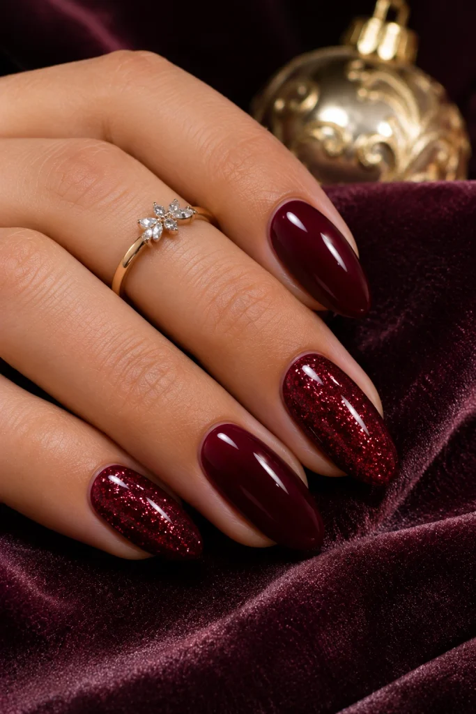  Deep burgundy Christmas nails with glossy wine-red polish and glitter accents.