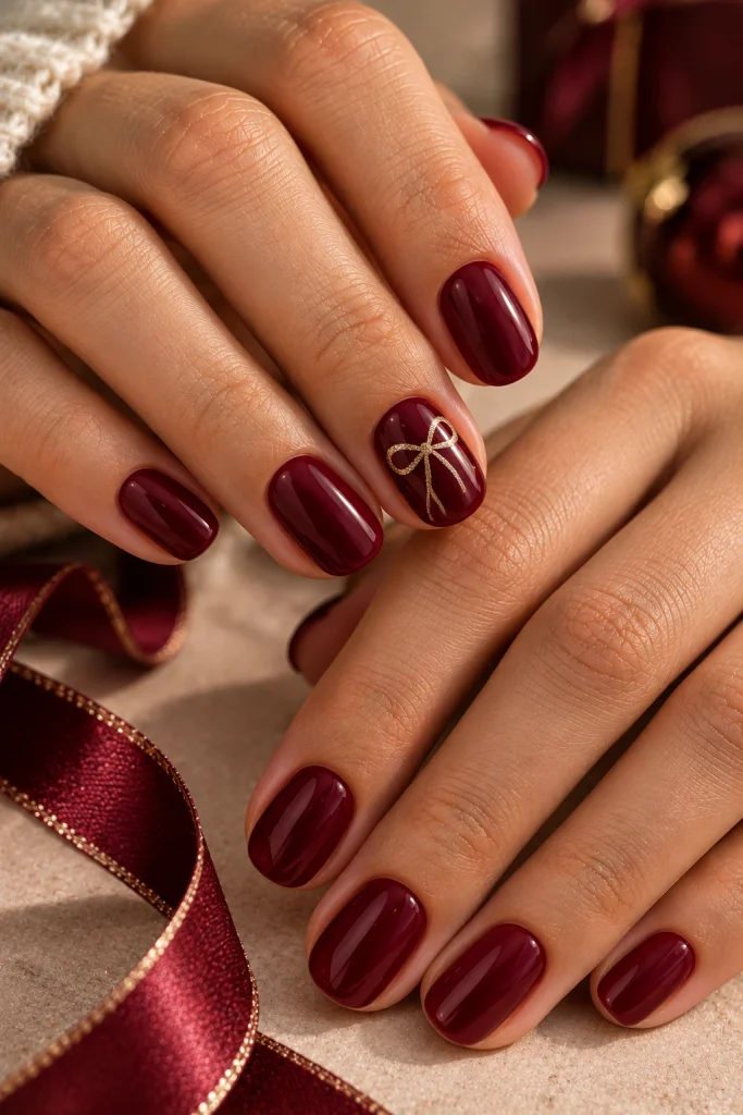 Burgundy Nails With a Tiny Gold Bow