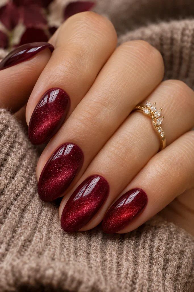 Burgundy Velvet Cat Eye Nails