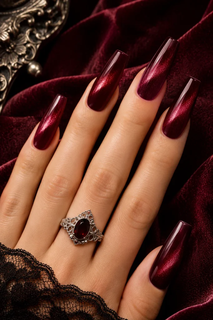 Burgundy Velvet Gothic Coffin Nails