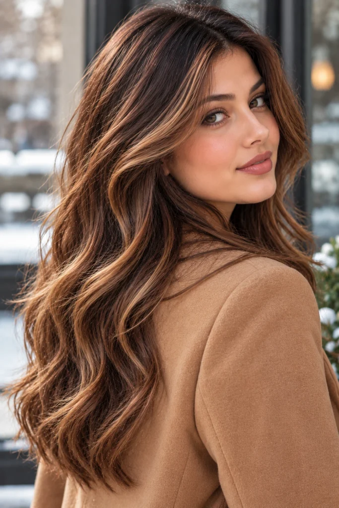 Dark brown hair with blended caramel balayage and soft face-framing highlights.