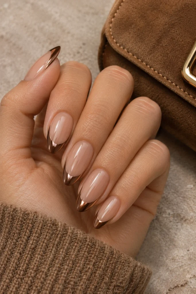 Nude almond nails with caramel-brown chrome French tips and a delicate metallic sheen.