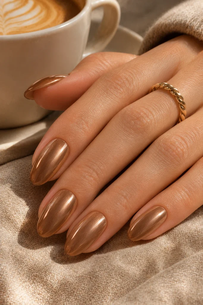 Caramel latte chrome manicure with warm golden-brown reflections on oval nails.