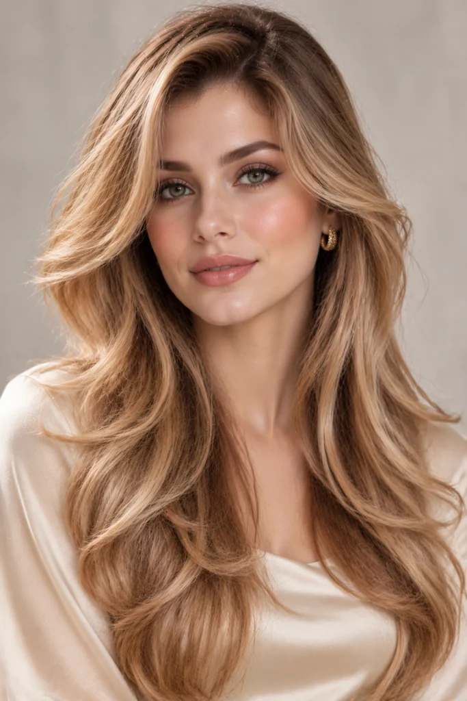 Champagne blonde hair with balanced beige-gold highlights and soft flowing waves.