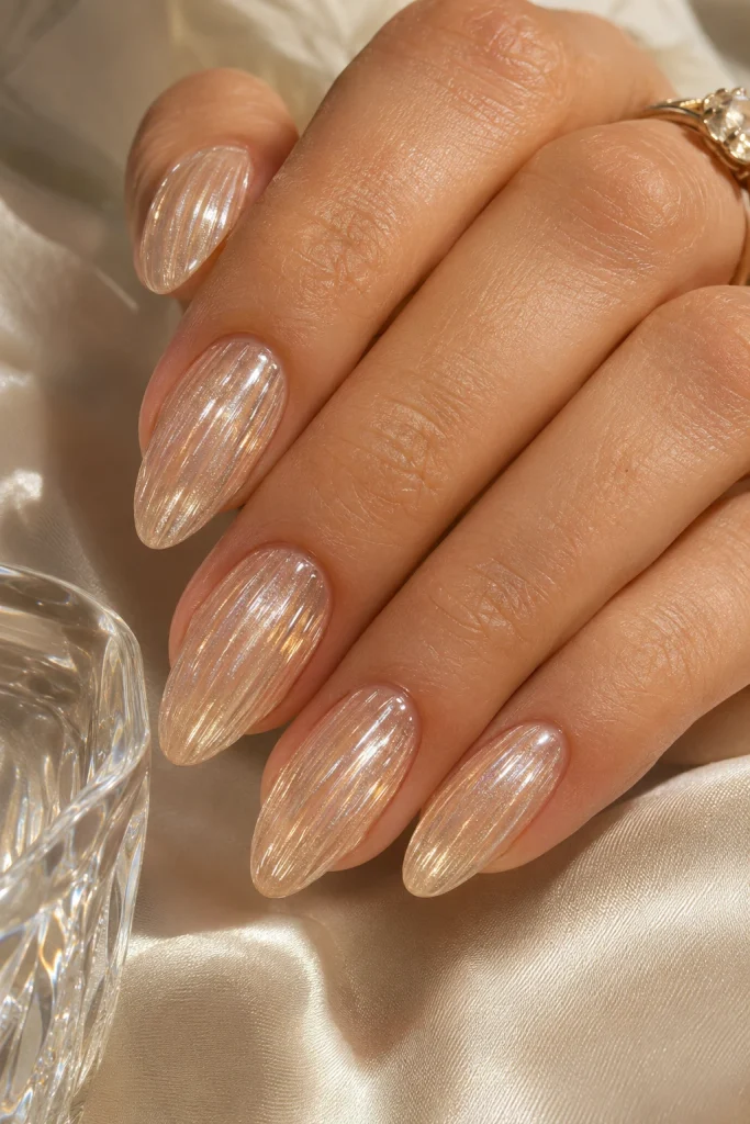 Champagne ribbed glass nails with delicate raised crystal-like lines.
