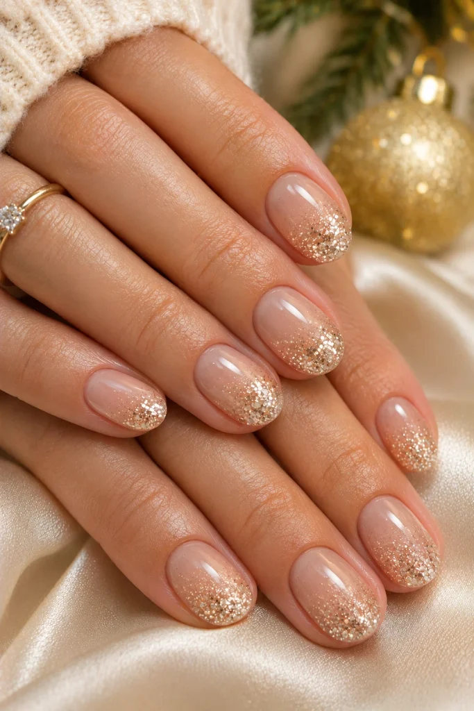 Elegant nude Christmas nails with subtle champagne glitter.