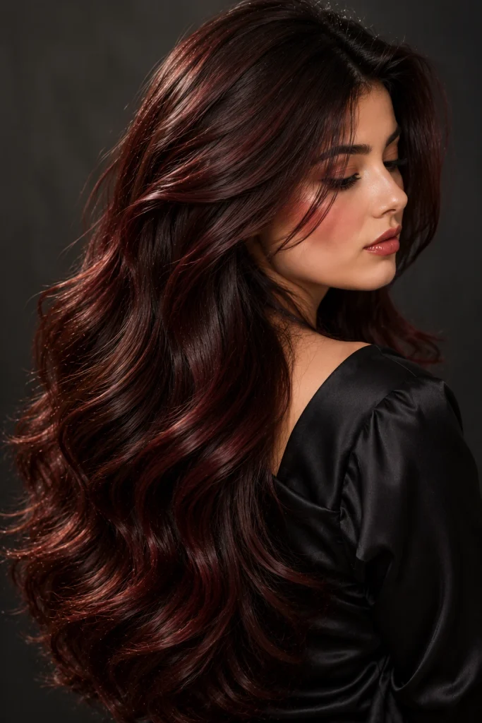 Cherry cola brunette hair with dark chocolate roots and glossy burgundy-red reflections.
