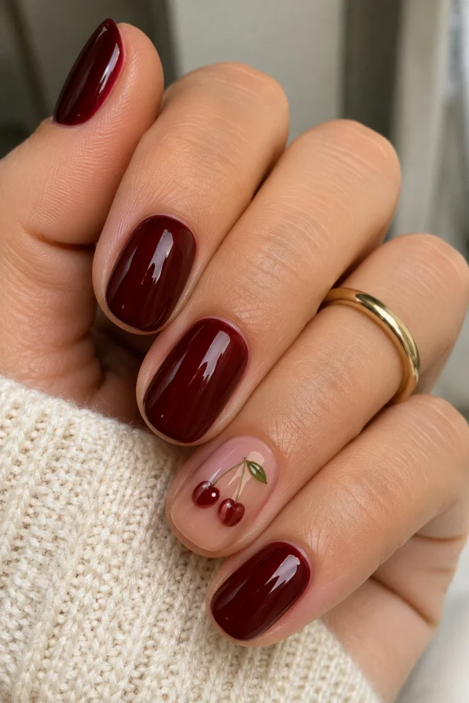 Glossy cherry cola nails with a delicate pair of cherries on a blush accent nail.