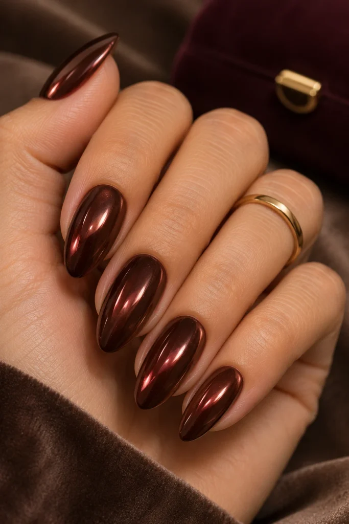 Cherry mocha chrome nails with deep brown bases and subtle burgundy-red reflections.