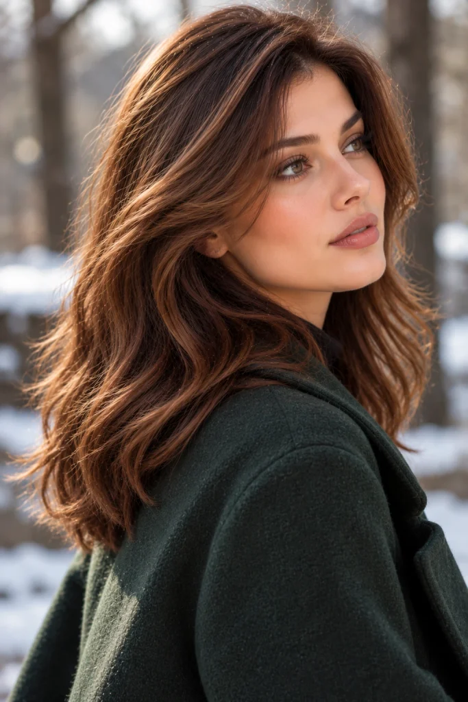 Chestnut brown hair with subtle auburn-gold undertones and naturally blended layers.