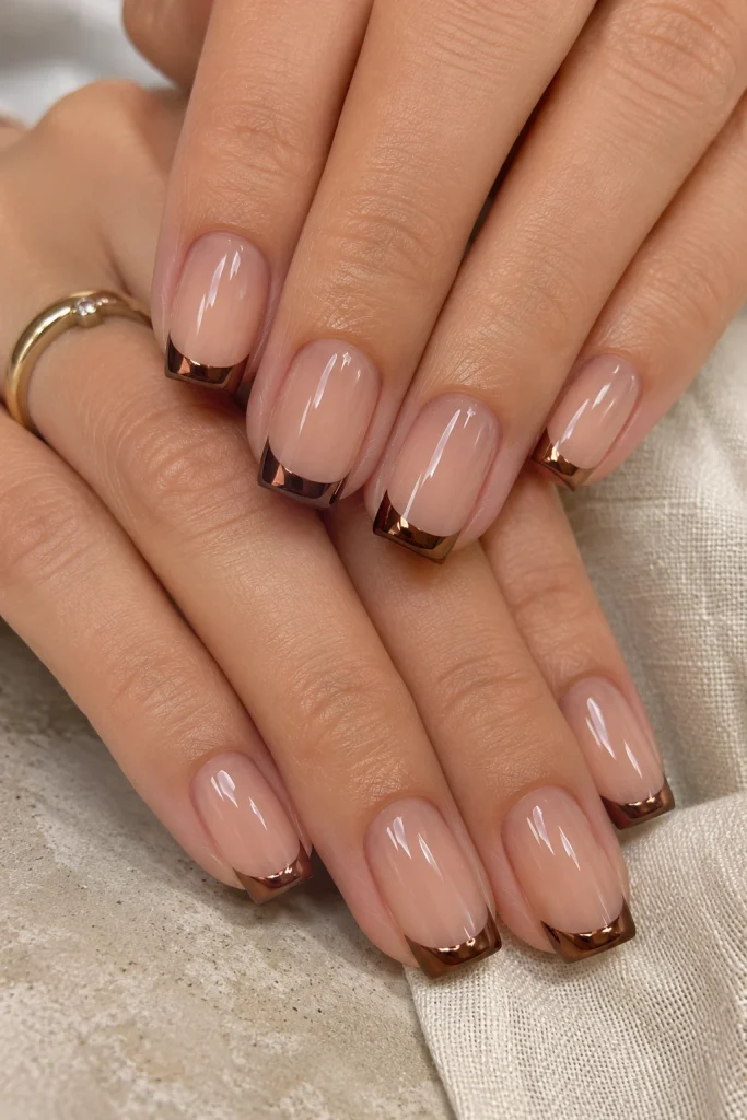 Nude gel nails with slim chocolate brown chrome French tips.