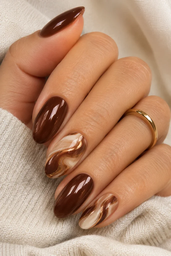 Chocolate brown chrome nails with caramel and cream marble accents.