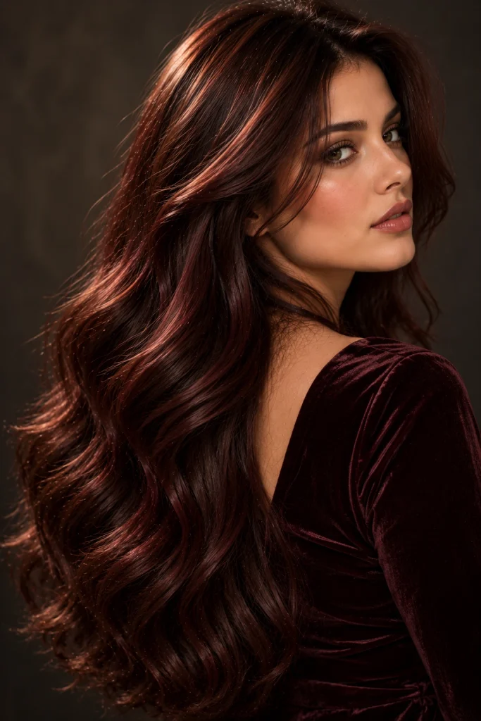 Chocolate cherry hair with deep brown roots and dimensional red-violet tones.