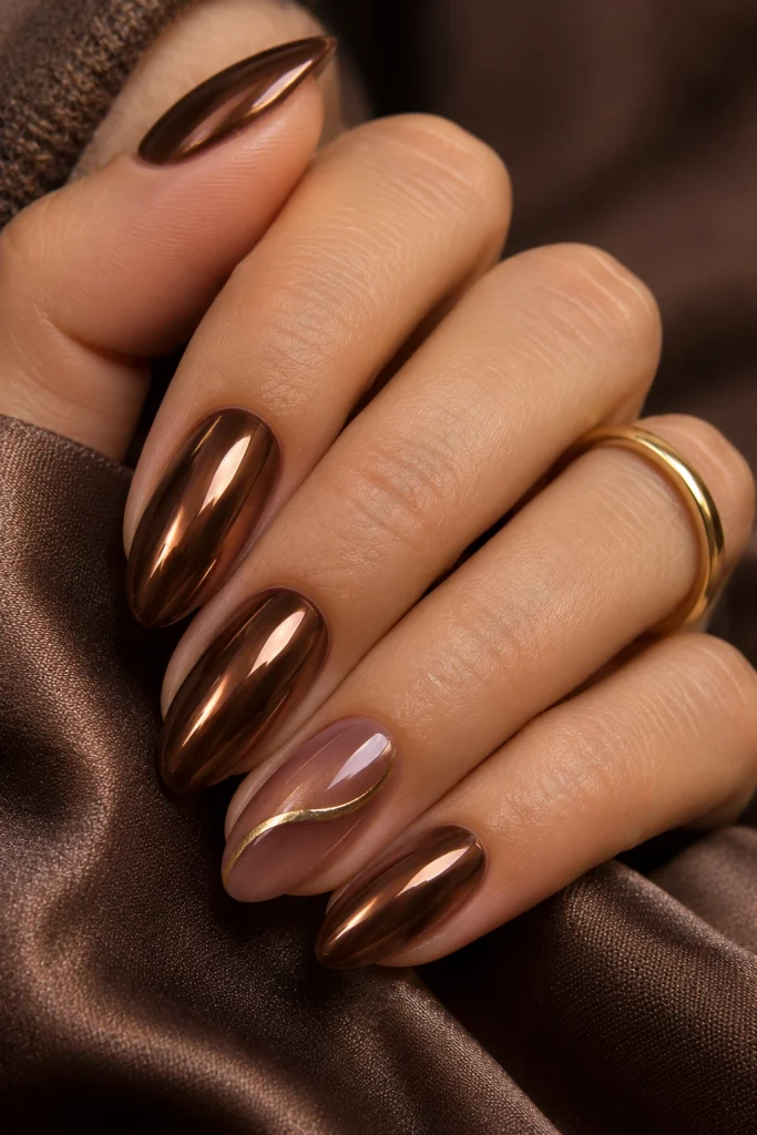 Chocolate brown chrome nails with a delicate gold accent line.