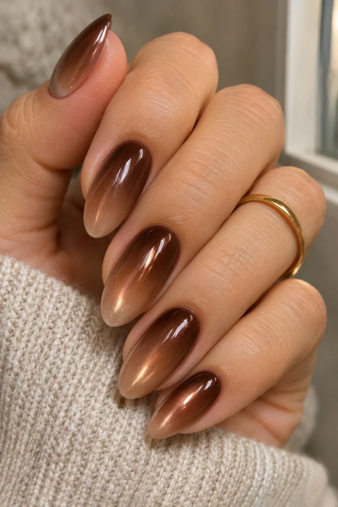 Chocolate-to-mocha ombré nails with a soft brown chrome sheen.