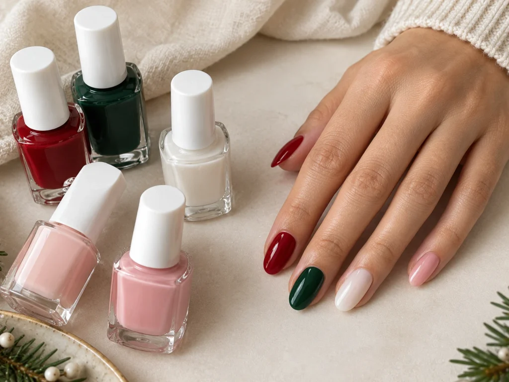 Christmas nail polish colors in red, forest green, milky white, nude, and soft pink for a DIY holiday manicure