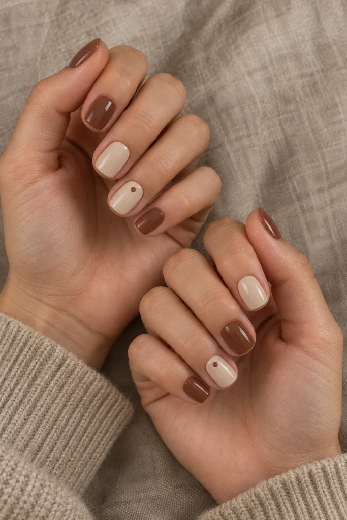 Cinnamon Brown and Cream Mix-and-Match Nails