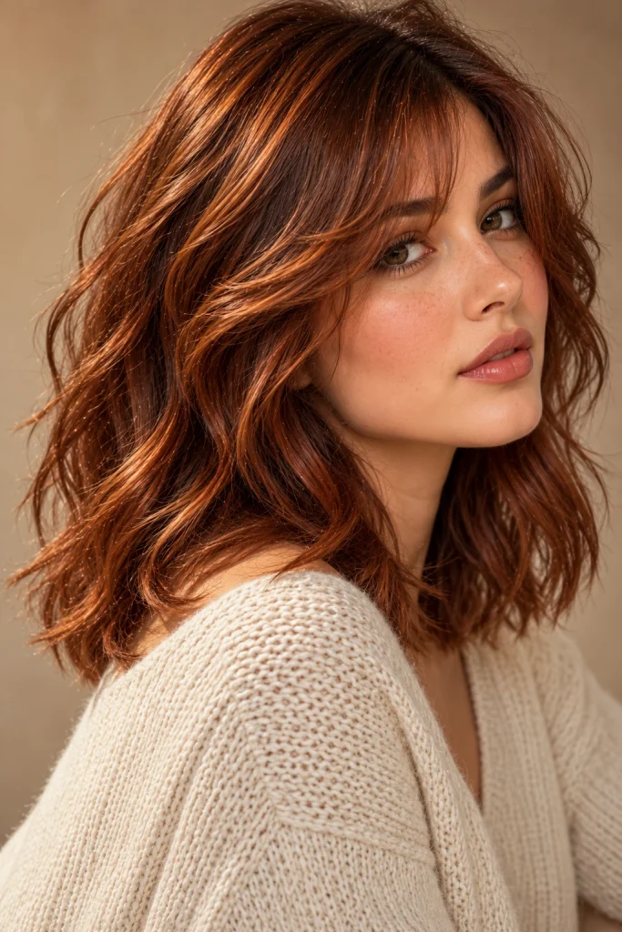 Cinnamon copper hair with russet-brown undertones and warm copper highlights.