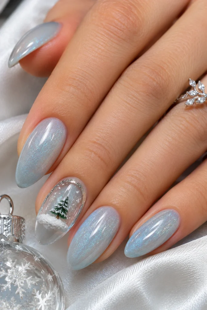 3D snow globe accent nail with a tiny evergreen tree, white snow, and a clear rounded dome.