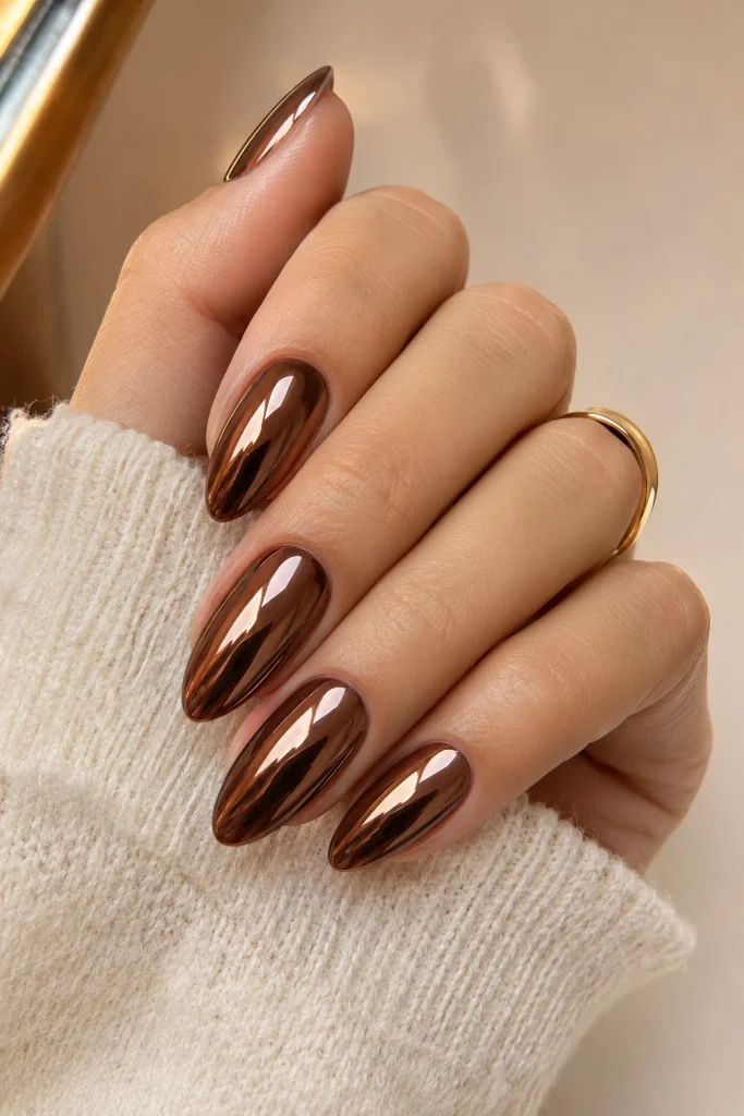 Classic chocolate brown chrome gel nails with a smooth mirror finish.