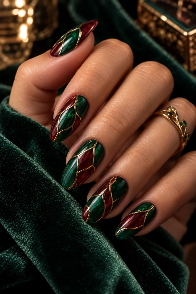 Emerald green and ruby red stained glass nail art with delicate gold outlines on almond-shaped nails.