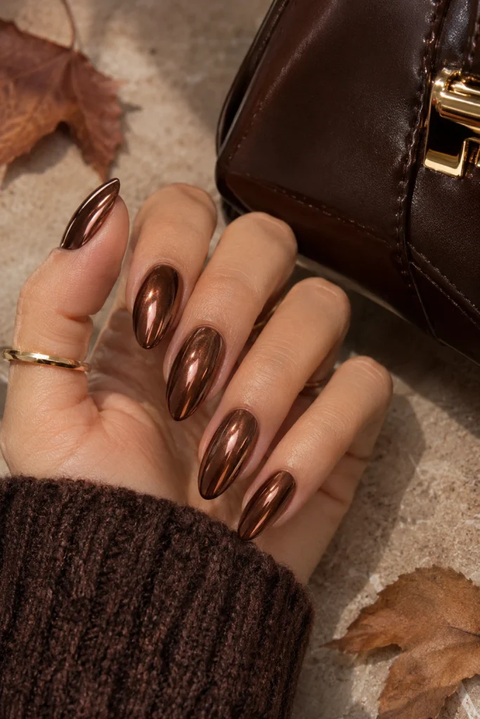 Espresso brown chrome nails with a glossy metallic finish on almond-shaped nails.