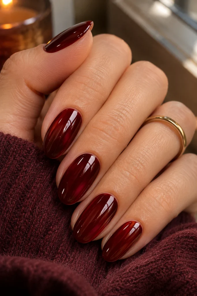 Glossy cherry cola red-brown gel nails on oval-shaped nails.