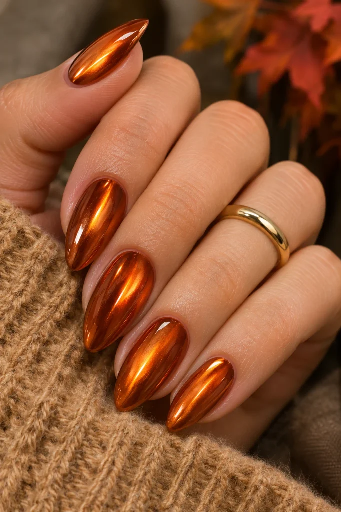 Glossy pumpkin-orange chrome nails with a molten copper reflection.