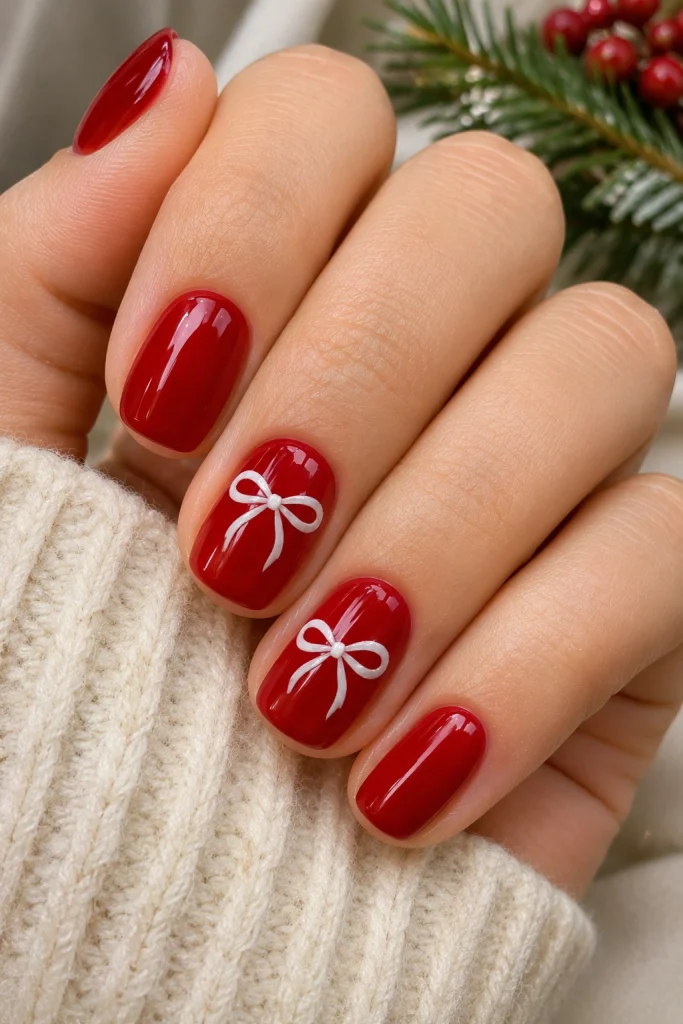 Glossy cherry-red Christmas nails with delicate white bow accents on two nails.