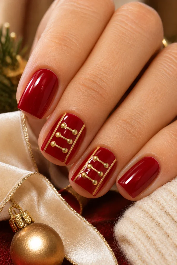 Glossy crimson Christmas nails with delicate gold Nutcracker-inspired uniform details on accent nails.