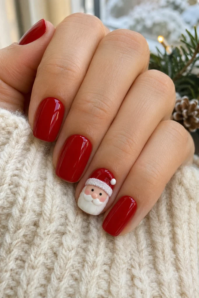 Short glossy red Christmas nails with a detailed Santa Claus face accent nail and a white beard.