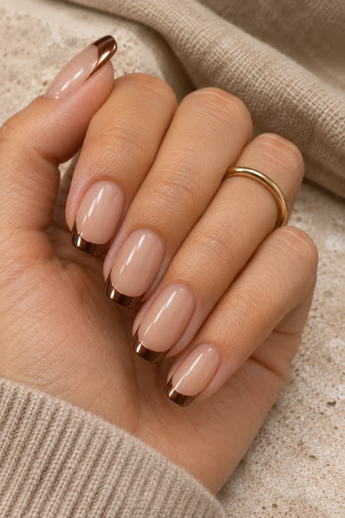 Milky nude French manicure with narrow reflective espresso-brown chrome tips.