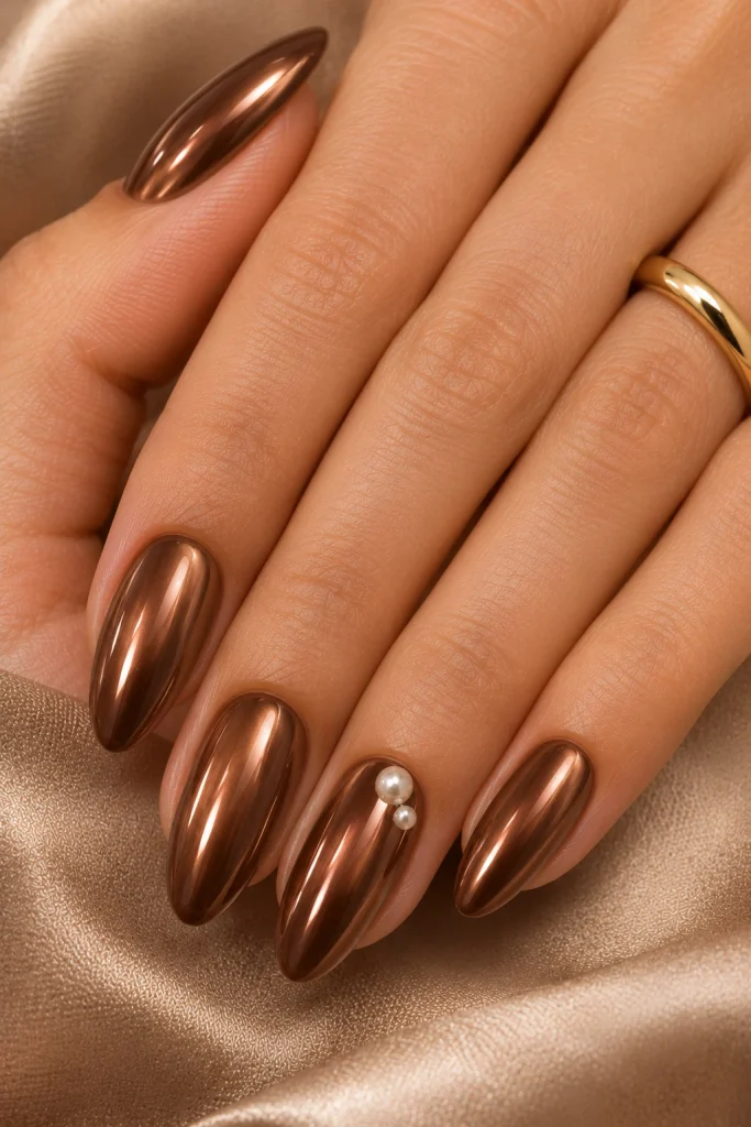 Mocha chrome nails with a minimal pair of pearl accents on one almond nail.