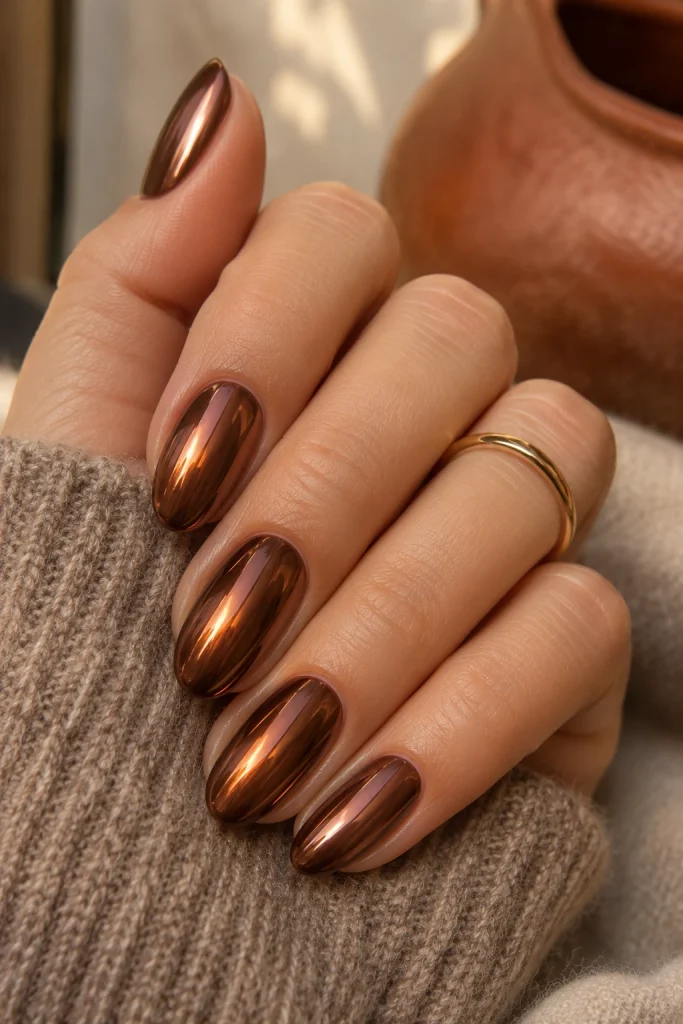 Copper-brown chrome gel nails with warm bronze reflections.