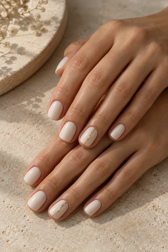 Cream Nails With One Gold Accent