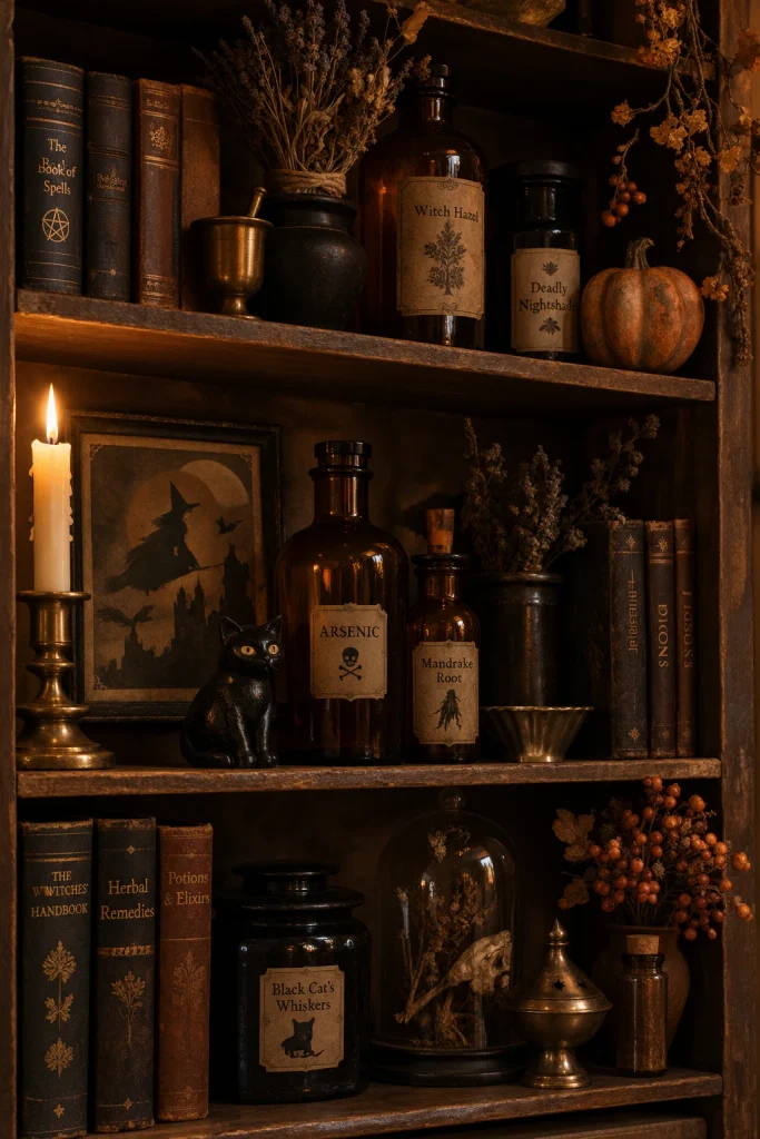 Vintage Halloween apothecary shelf with amber bottles, books, and black cat